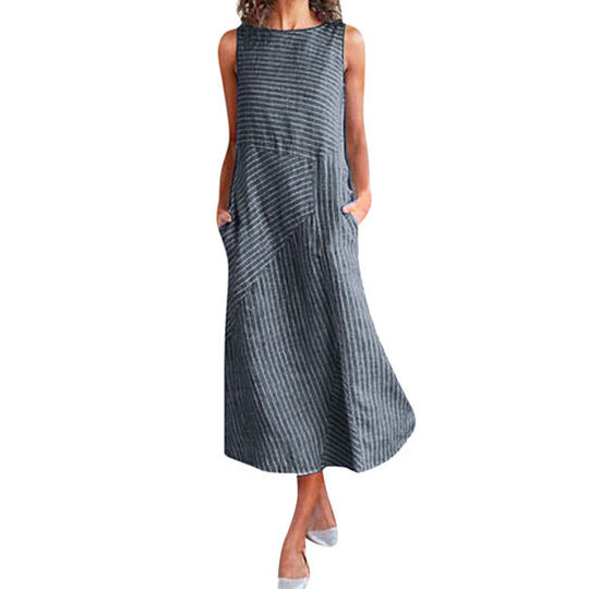 Lightweight Striped Midi Dresses in Linen Blend, S-3X - Navy, 3XL - 3xl navy blue