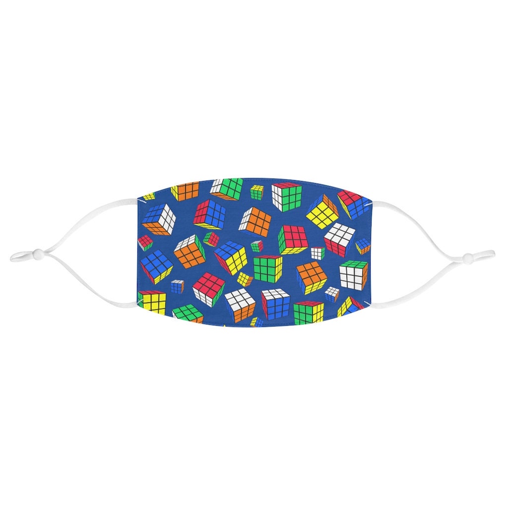Rubik's Cube Face Mask - Reusable, Washable, Adjustable Ear Loops, Fabric Cubes All Over Blue