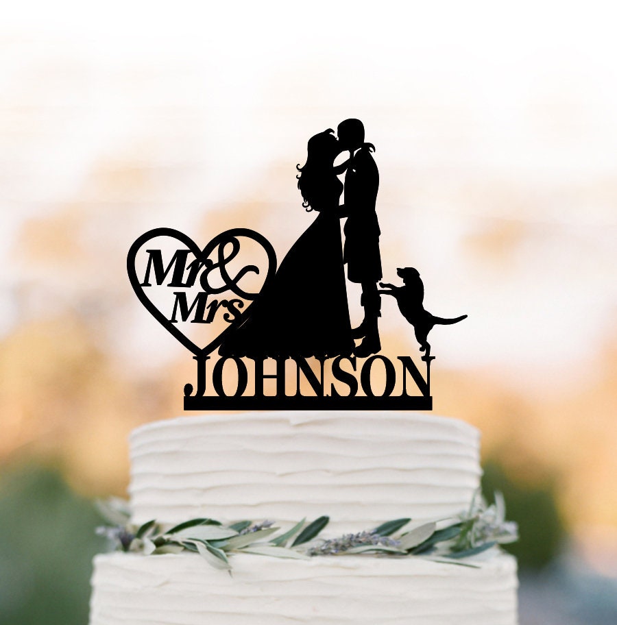 Scottish Wedding Cake Topper Bride & Groom With Kilt Silhouette Cake Toppers Dog, Wears Custom