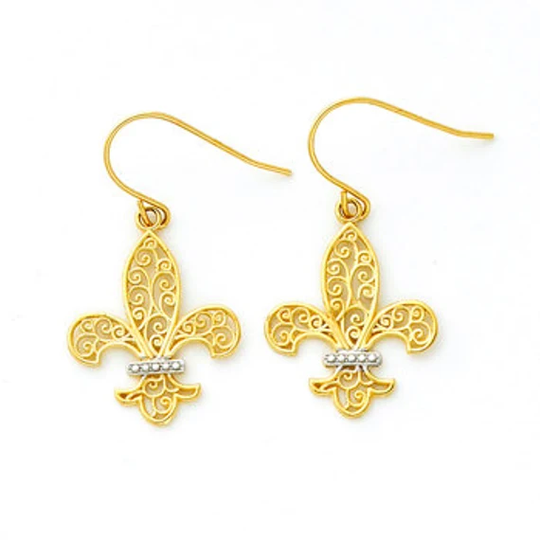 14K Two-Tone Gold Filigree Fleur-D-Lis Fish Hook Earrings