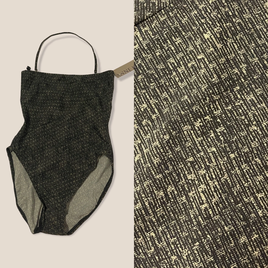 Vintage 90S Deadstock Anne Klein Dark Tones Beige Gray Convertible Strapless Halter Strap One Piece Size Medium Hi Leg Cut High