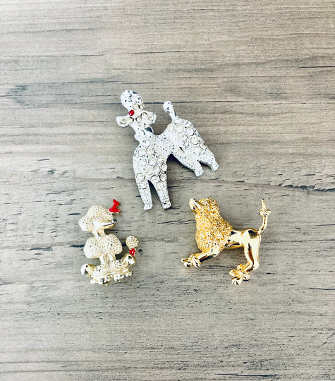 Vintage Poodle Brooches/1960's Silver Gold Color Rhinestone Puppy Dog 3Pc Brooch Pin Set