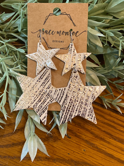 Metallic Leather Star Earring, Silver Stars Earrings, Shining Dangles, Boho Zodiac Earrings, Cowgirl Earrings