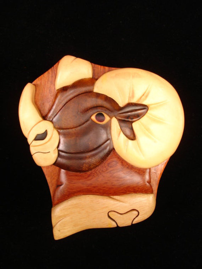 Beautifully Hand Crafted 3 Dimensional Intarsia Wood Art Ram Puzzle Wooden Box Male Sheep