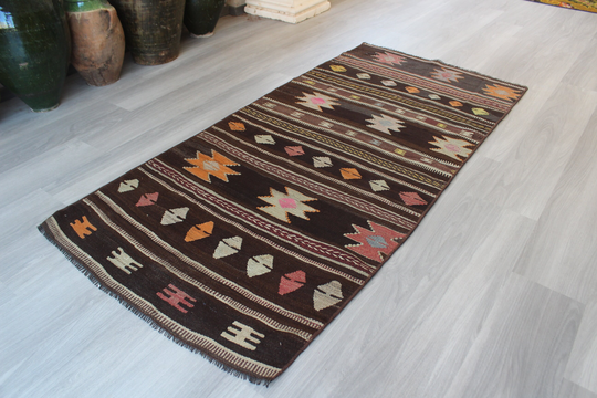 Vintage Kilim Runner, Rug Ethnic Bohemian Brown Wool Runner ,/3'x6'4" Ft