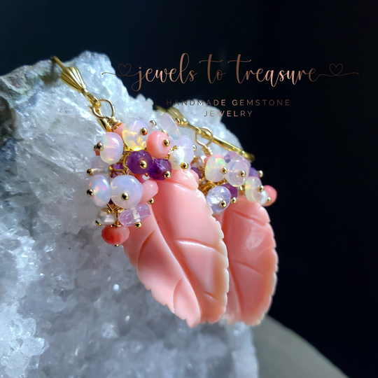 Carved Coral Leaf With Amethyst Lavender Opals On Gold Filled Earwires