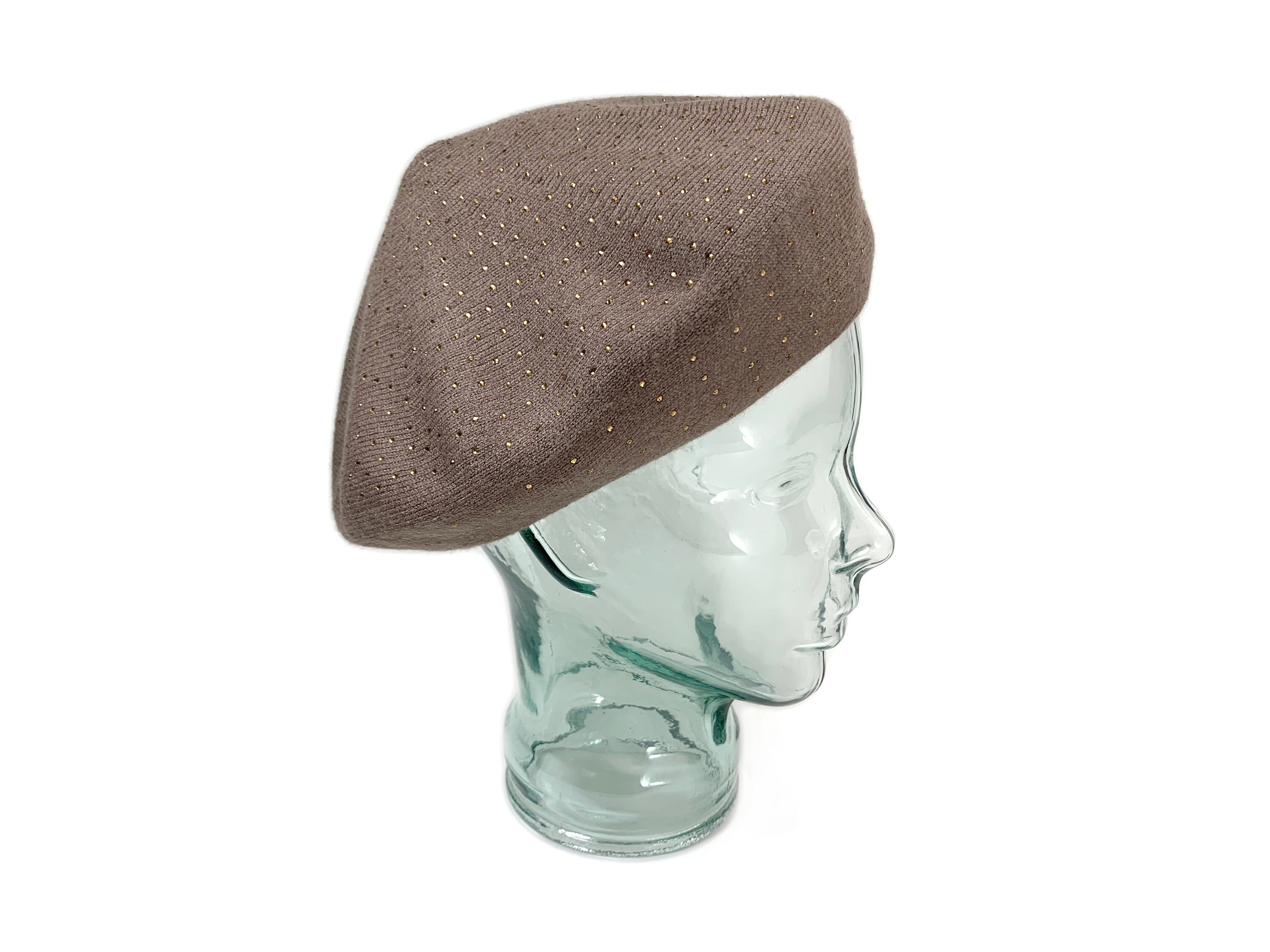 Taupe Knit Beret, Cashmere Blend Beret With Sparkle, Reversible Soft Wool Beret, Retro Style Beige Winter Hat For Women
