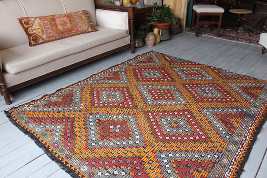 5'7"x 6'7" Area Kilim, Vintage Ethnic Bohemian Turkish Handwoven Wool Kilim Rug, Decorative Rug
