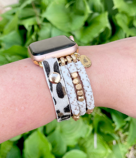 Clay Beaded Leopard Watch Band/Compatible With Apple 38mm 40mm 41mm Smart Bracelet Adjustable Magnetic White Beige Black
