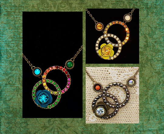 Michal Negrin Necklace Infinity Pendant Chain Crystals Rose Rhinestones Mid Century Retro Victorian Vintage Boho Floral Circles Hoop Jewelry