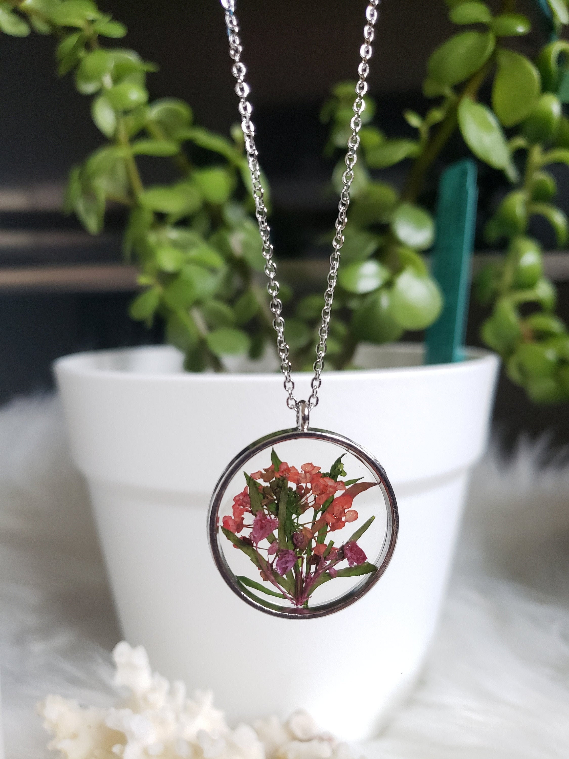 Pressed Flower Necklace Silver, Floral Red, Resin Necklace, Gift For Mom, Mothers Day Gift, Wife, Her