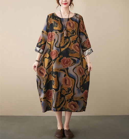 Floral Women Cotton Dress Casual Loose Shift Printed Tunics Long Sleeves Robes Midi Dresses Customized Plus Size Clothing Linen