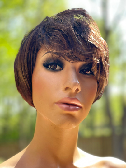 Human Hair Blend Wig 4/27 Brown Blonde Short Pixie Wig With Bangs
