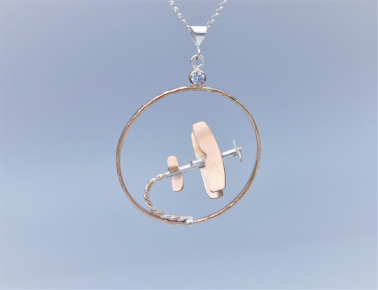 Gold & Silver Airplane Necklace, Handcrafted 14K Filled, Sterling Silver, & Cubic Zirconia Biplane Aviation Necklace