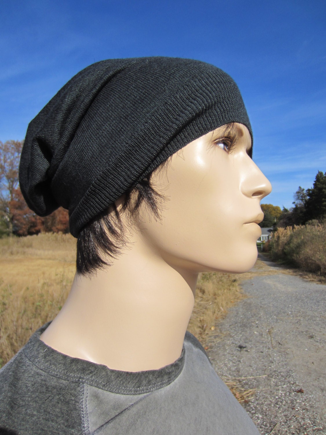 Grey Merino Wool Blend Slouched Beanie Hat Tam Charcoal Gray Knit A1219