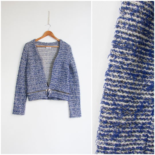Vintage Fuzzy Cardigan Women's Xs White Blue Striped Sweater Y2K Furry Top Women Size Plush Plunging 2000S Open Front