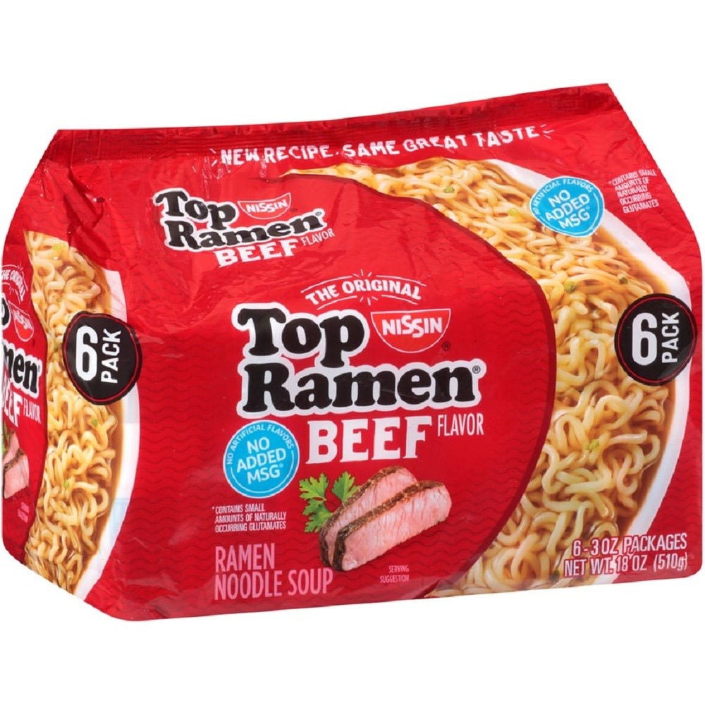 Nissin Ramen Noodle Soup, Beef Flavor, 3 oz packages - 6 ct