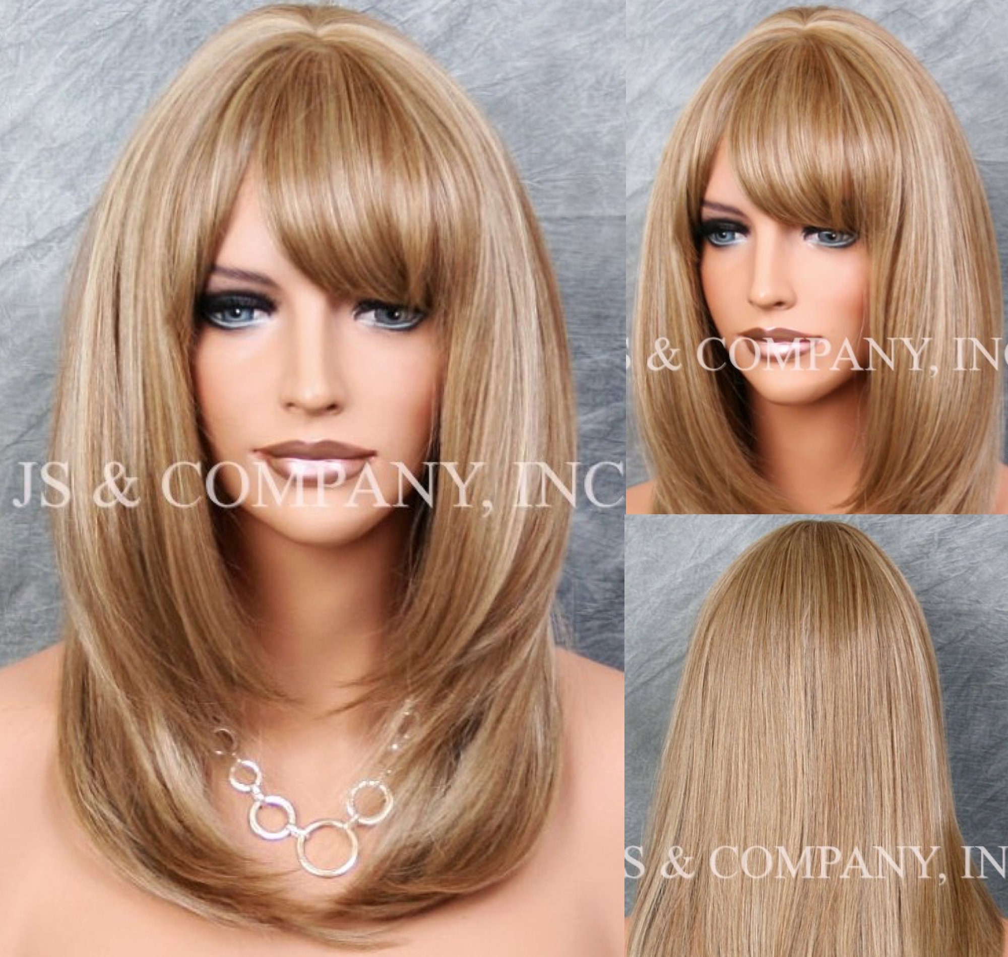 Human Hair Blend Wig Face Framing Razor Cut Ash Blonde Mix Heat Safe Full Bangs Center Part Stright Long Hair Cancer/Alopecia/Cosplay