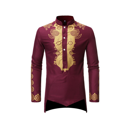 Men's Shirt Print Cotton Blended Bronzing Stand Collar Single Breasted Mid-Length Fit Casual Middle Eastern Style Shirt - burgundy, m - medium red