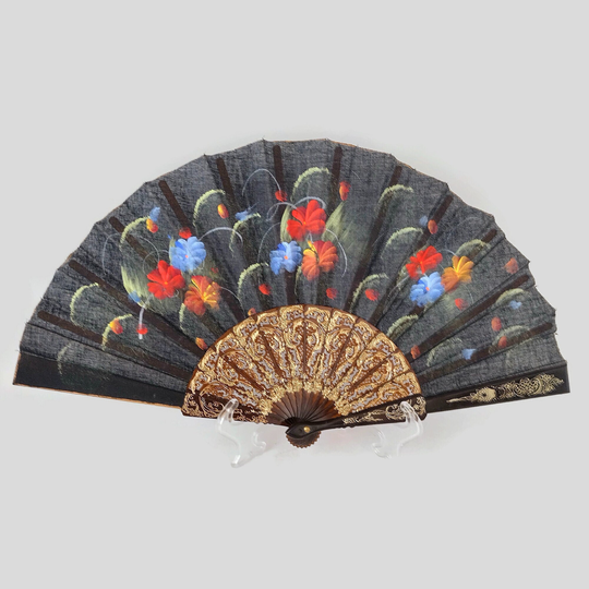 Vintage Spanish Fabric & Celluloid Hand Fan Circa 1970's