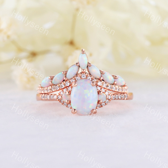 White Fire Opal Wedding Ring Set Rose Gold Bridal Sterling Silver 14K Cz Diamond 2Pcs Stackable Band Women Anniversary Gift Birthstone