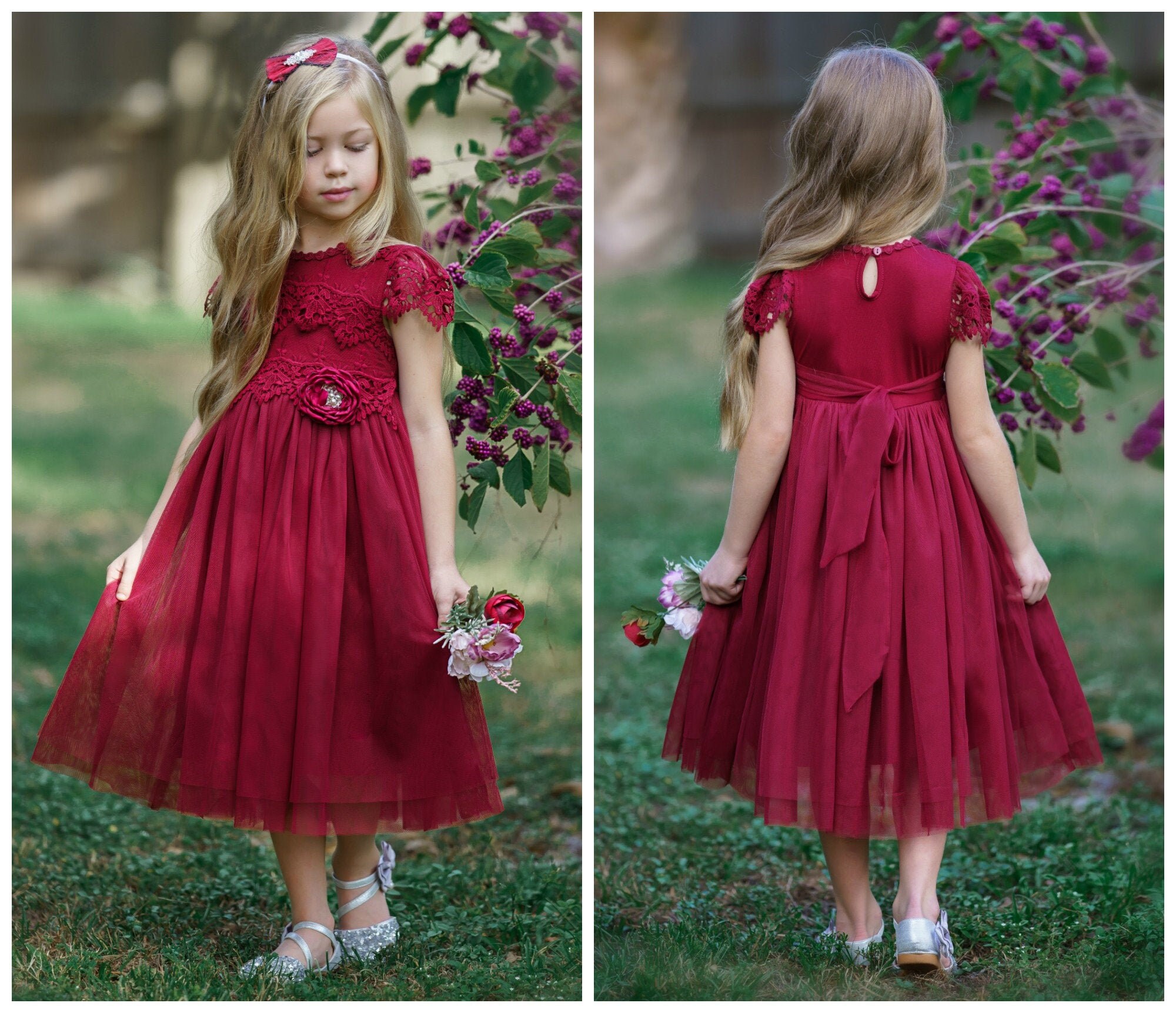 Tulle Flower Girl Dress, Burgundy Lace Dresses, Boho Rustic Christmas 22