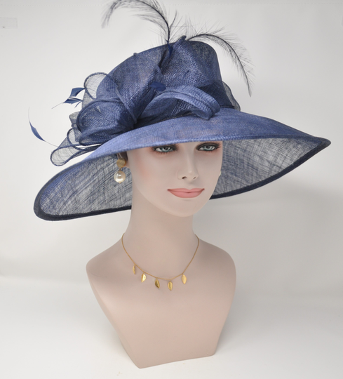Kentucky Derby Hat Church Wedding Easter Royal Ascot Jumbo Feather Flower Wide Brim Woman's Sinamay Navy Blue