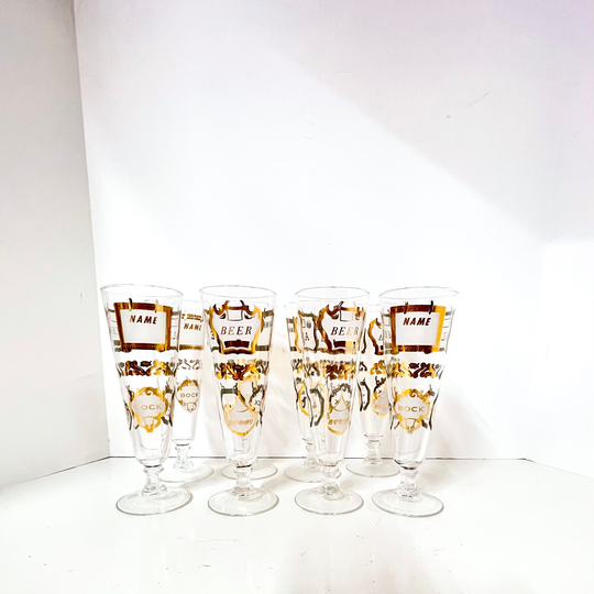 Vintage Glassware, Gold, Pilsner, Personalized Glasses, Tall Bar Ware, Mid Century Home Brew, Beer Tasting Set