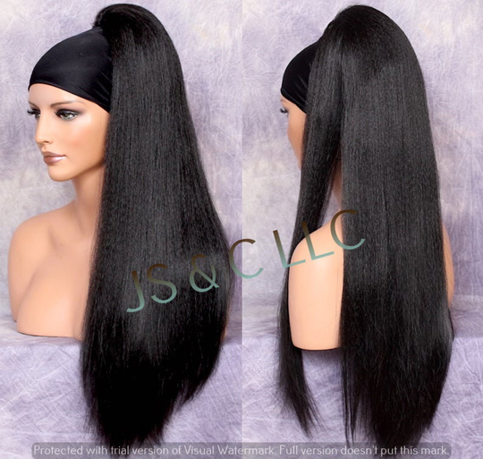 Black Mix 28" Human Hair Blend Ponytail Hair Extension Textured Full Straight Drawstring Cancer Alopecia Theater Cosplay