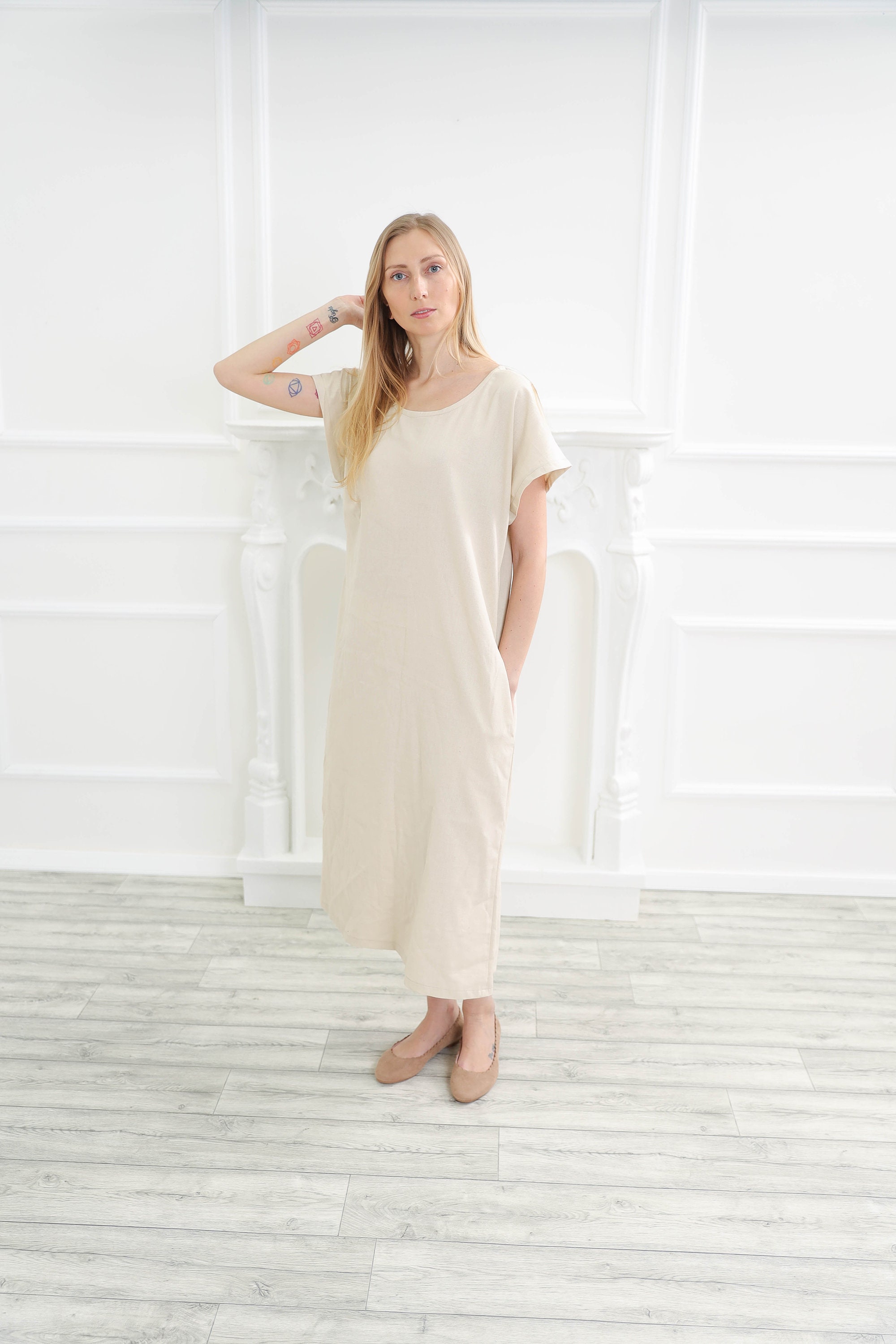 Washed Linen Dress, Short Sleeve Cream Maxi Plus Size Clothing, Beige Oversized Minimalist Clothing, Summer