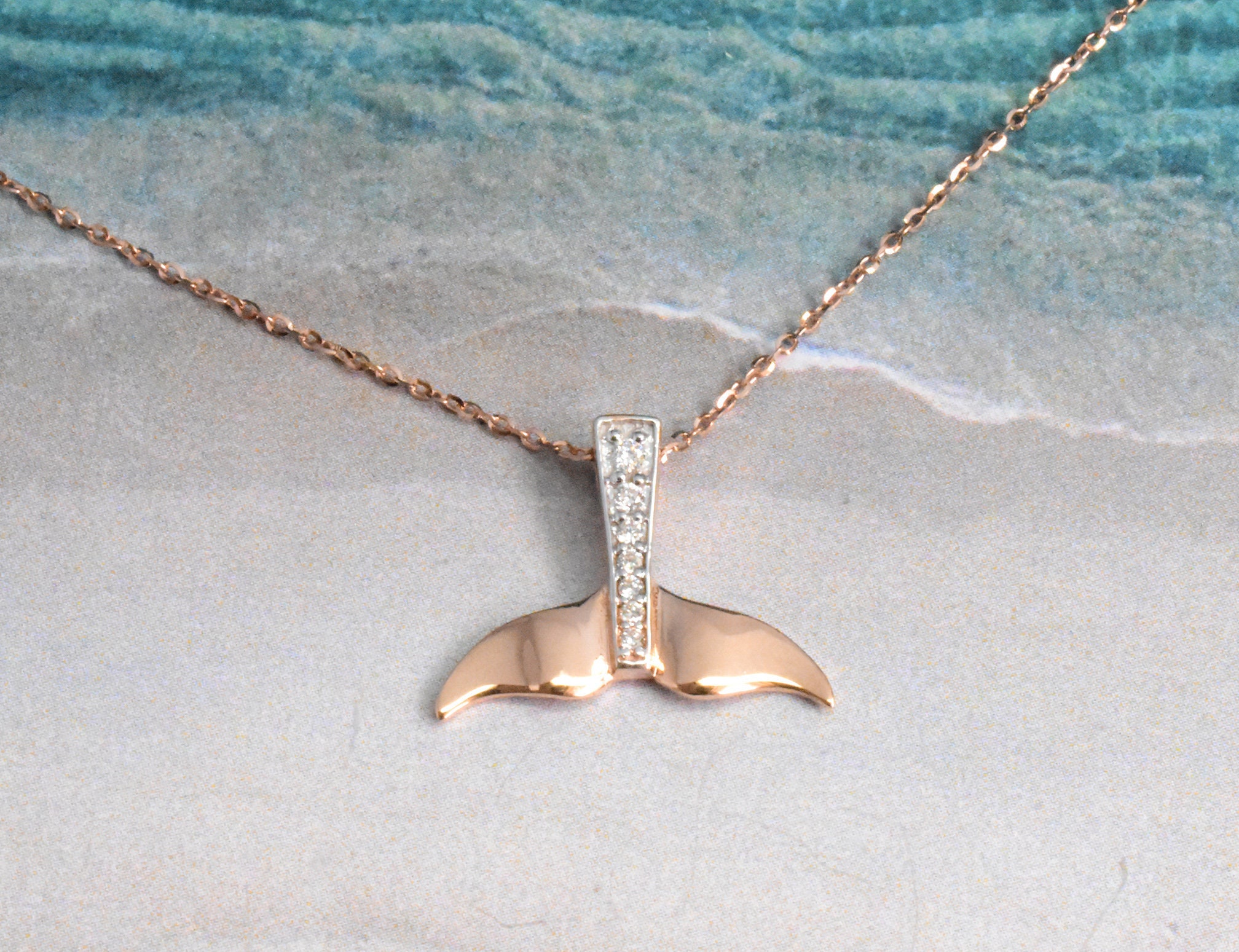 10K 14K 18K Solid Gold Diamond Fish Tail Necklace/Whale Pendant Mermaid Charm Nautical Sea Life Jewelry Marine