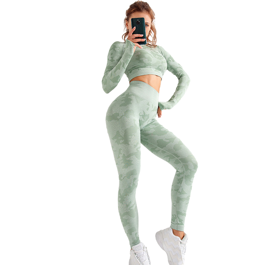 2Pcs Yoga Suit Long Sleeve Crop Top Blend Fabric Seamless High Waist Workout Outfits for Women - green, m