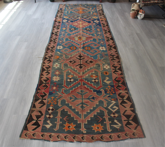 4x14 Vintage Caucasian Kilim Runner, Ethnic Rug Bohemian Decorative Handwoven Runner/N-645