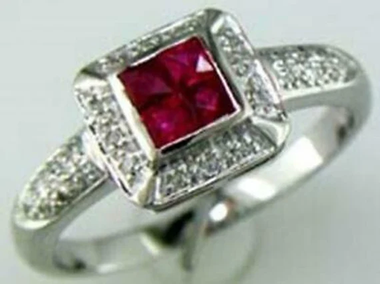 Estate .76Ct Diamond & Aaa Ruby 14Kt White Gold Round & Princess Invisible Square Ring