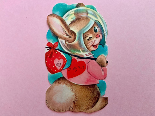 Vintage Valentines Day Card Bunny Rabbit in Space Helmet With A Bandana On Stick