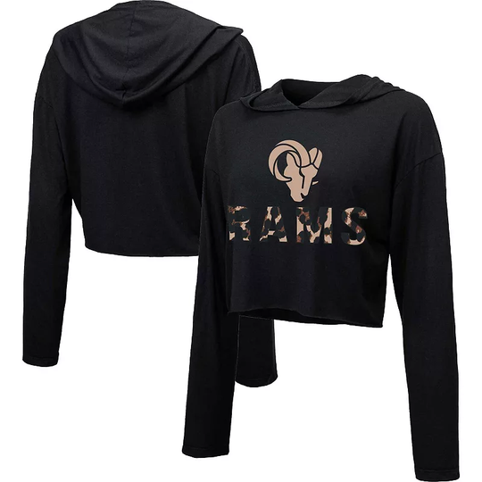 Women's Majestic Threads Black Los Angeles Rams Leopard Cropped Pullover Hoodie, Size: XL