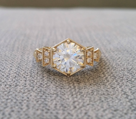 Antique E-F 2 Carat Center Moissanite & Diamond Engagement Ring Yellow Gold 1920S Copper Bohemian Penellibelle Exclusive "The Florence"