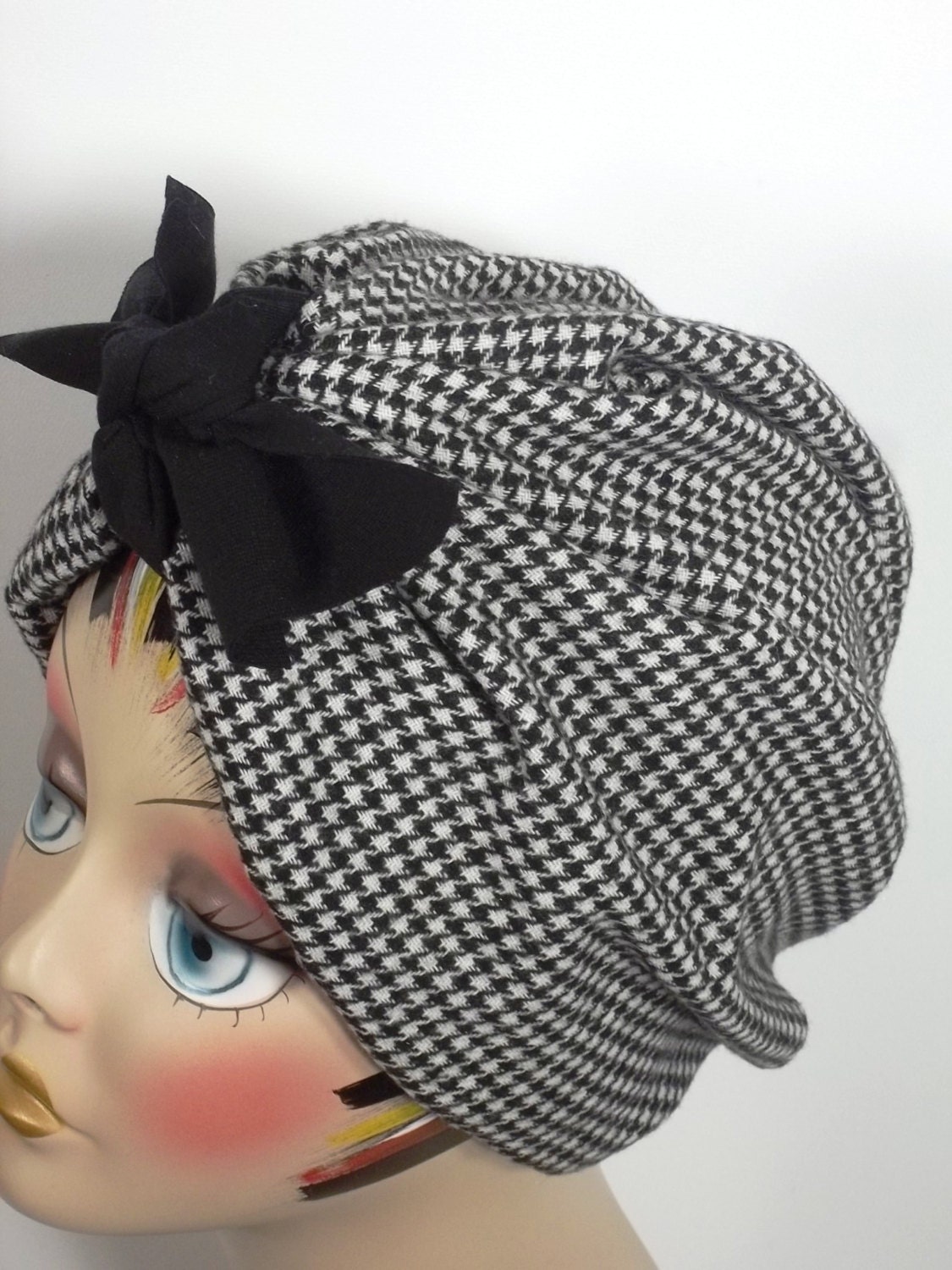 Wool Blend, Fashion, Turban, Hat, Black, White, Check, Bow, Designer, Women, Ladies, Chemo, Alopecia, Bonnet. S - Xl