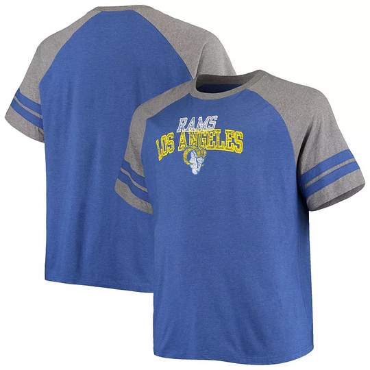Men's Fanatics Branded Royal/Heathered Gray Los Angeles Rams Big & Tall Two-Stripe Tri-Blend Raglan T-Shirt, Size: XLT, Blue