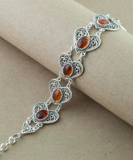 Natural Authentic Amber 925 Sterling Silver Adjustable Handmade Artisan Crafted Filigree Hearts Bracelet Women Jewelry Gift Box For Her