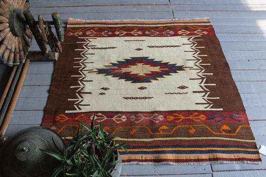 3'6"x3'8" Ft Vintage Aztec Design Kilim Rug, Bohemian Beige-Terra Cotta Ethnic Turkish Anatolian Rug