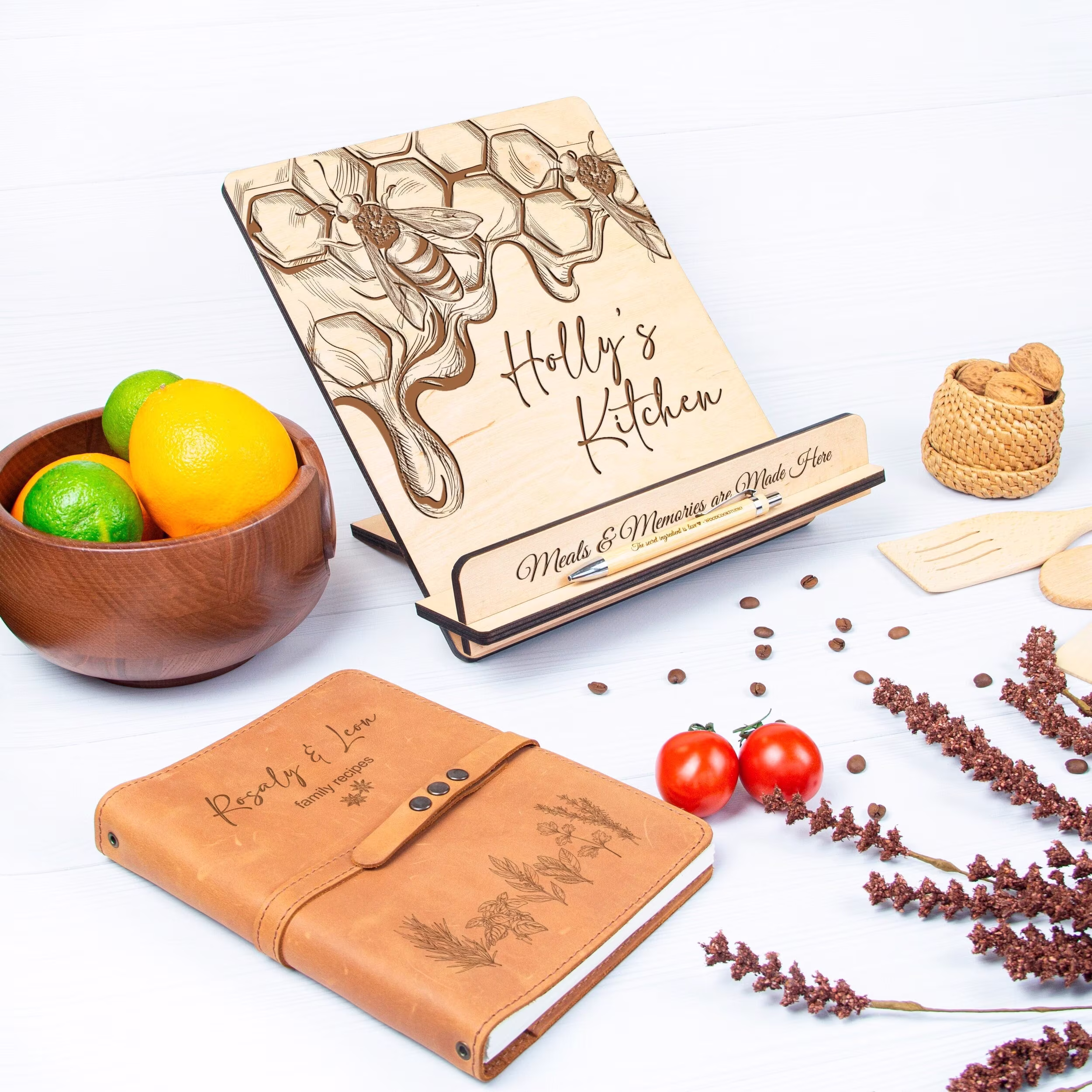 Personalized Wooden Stand - Honeycomb Cookbook Engraved Recipe Cook Book Holder -Kitchen Bumble Bee Kitchen Decor