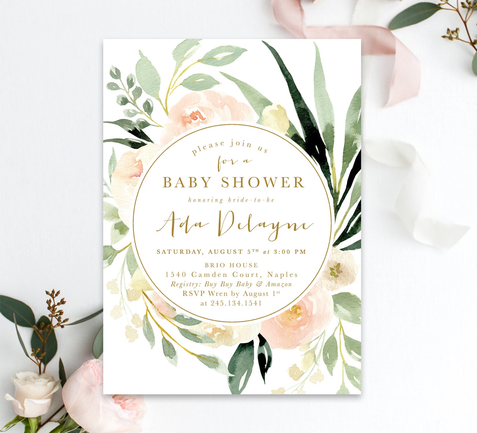 Baby Shower Invitation Girl, Girl Invite, Floral Invite Blush Pink, Peach & Greenery, Printed /Printable - Ada