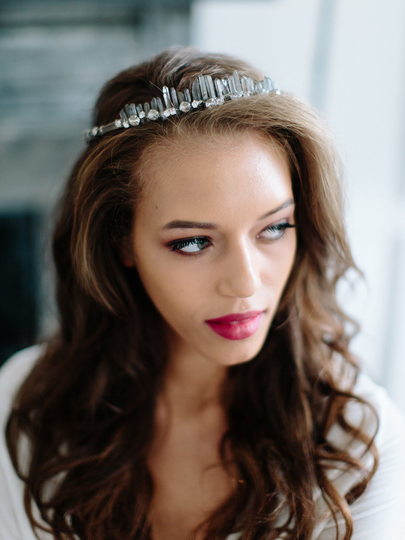 Evergreen Quartz Bohemian Bridal Halo Tiara, Smoky Or Rose Boho Wedding Crown Headpiece