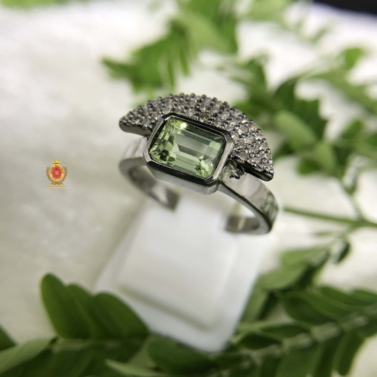 Tourmaline With Diamond, 925 Sterling Silver Ring, Victorian Style Sami-Precious Stone Jewellery Christmas Gift, Gift For Her
