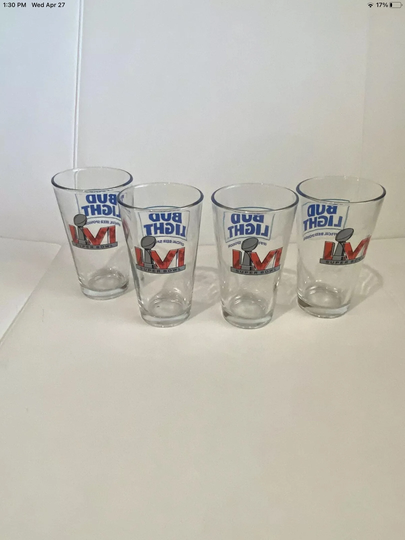 Super Bowl Lvi | 56 Los Angeles Bud Light Beer Set Of 4 Glass Cups Man Cave Game La Rams