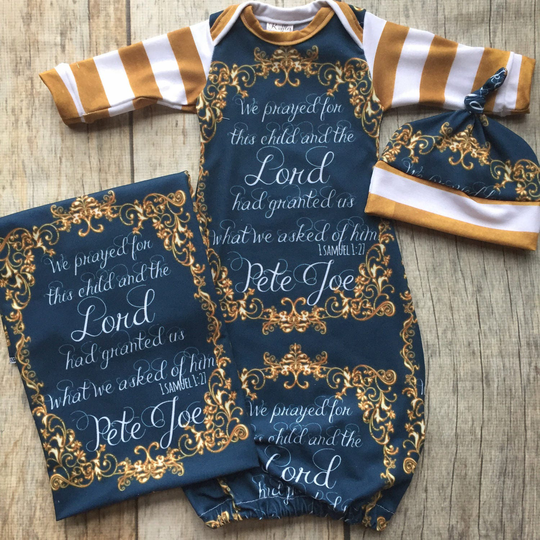Custom Designed Name Gown, Scripture Baby Boy For This Child We Prayed, Blue & Gold, Shower Gift, Coming Home Outfit