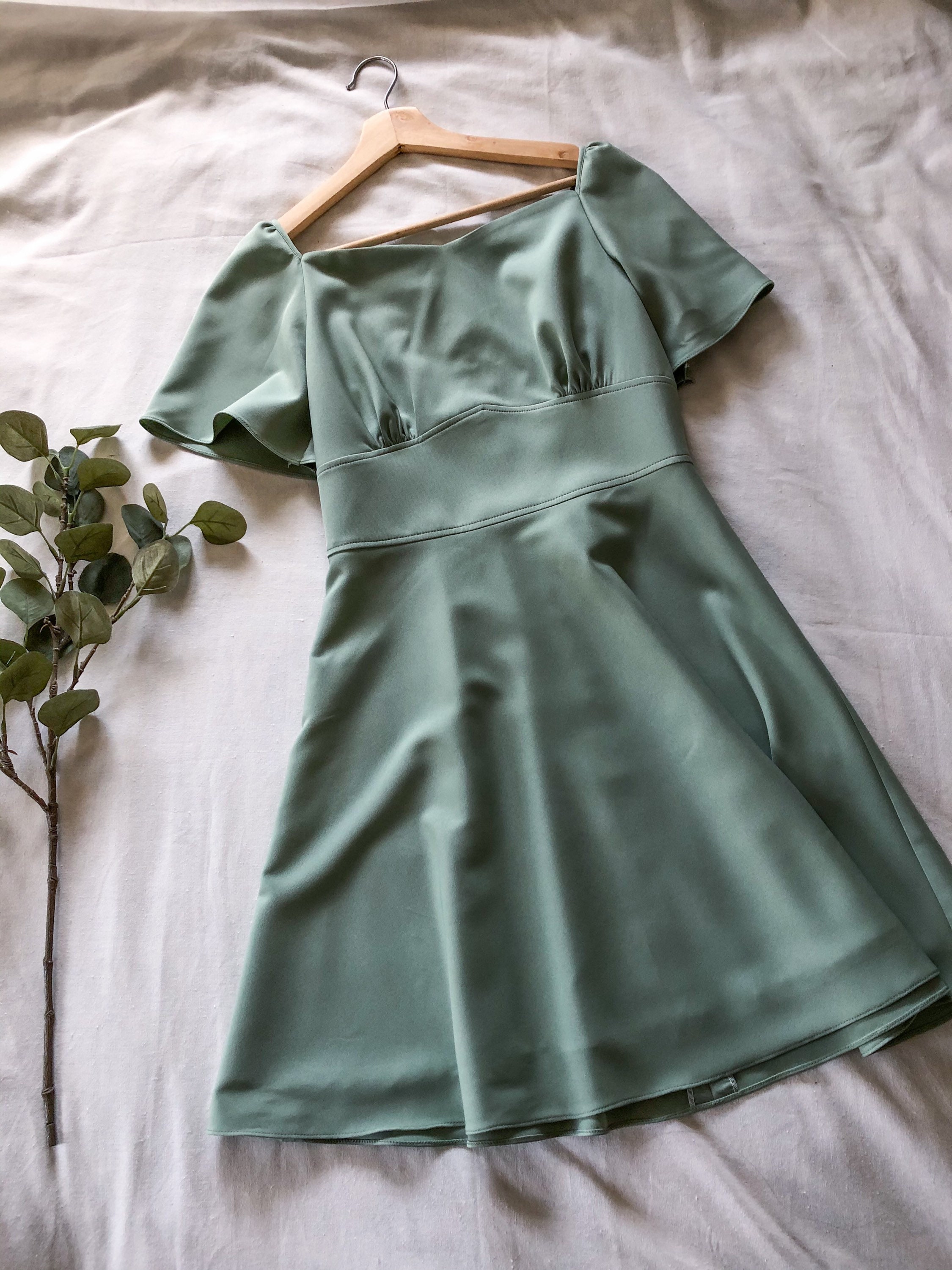 Sage Green Bridesmaid Dress Swing Party Summer Vintage Prom Flare Bell Sleeve Mini Sundress Retro Dress-Monet