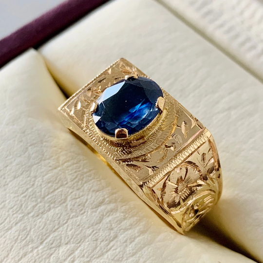 Mens Sapphire 14K Gold Ring Gift For Men Natural Man Real