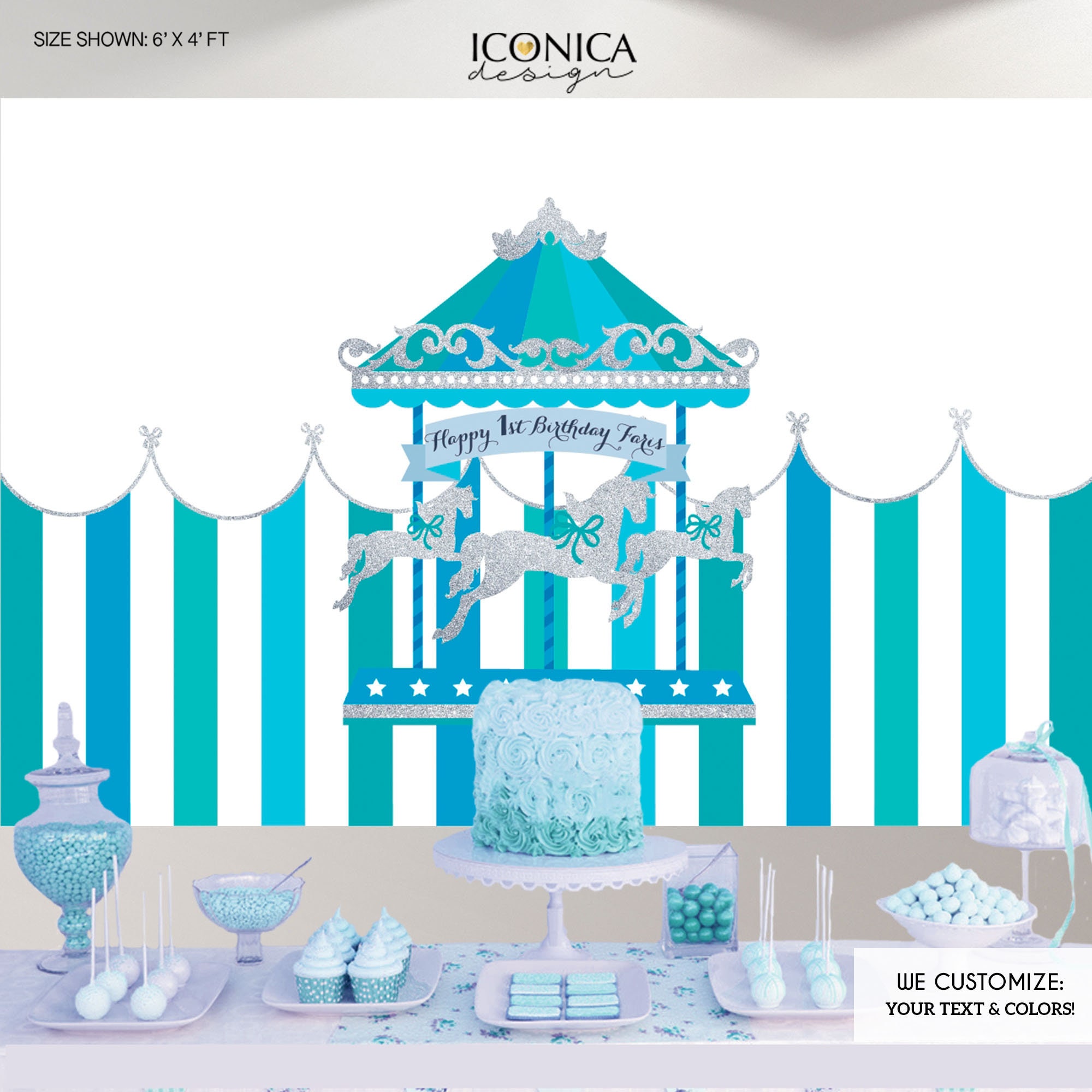 Carousel 1st Birthday Party Backdrop, Silver Glitter, & Blue, Boy Colors, First Birthday, Circus Banner, Printed Or Printable File